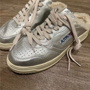 Autry Medalist Silver Sneakers with Fur Lining